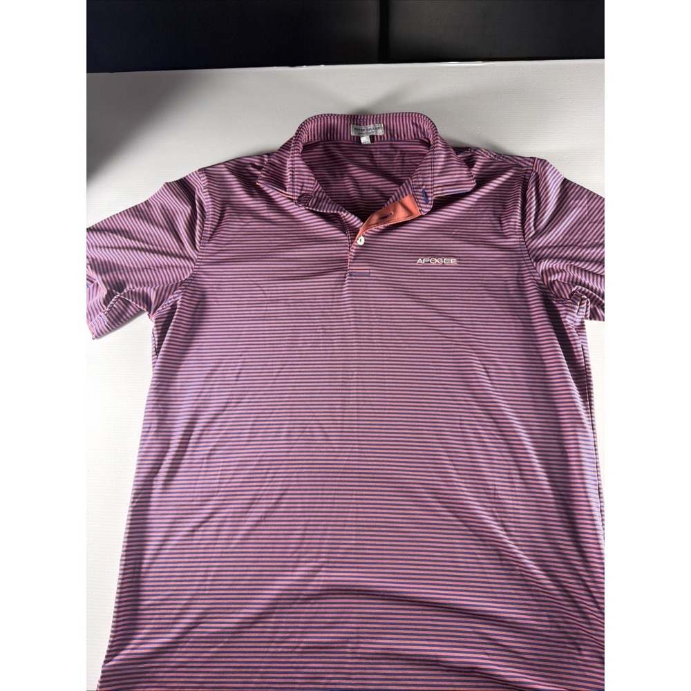 Peter Millar Men's Golf Polo Size M Pink And Navy Apogee Logo Summer Comfort
